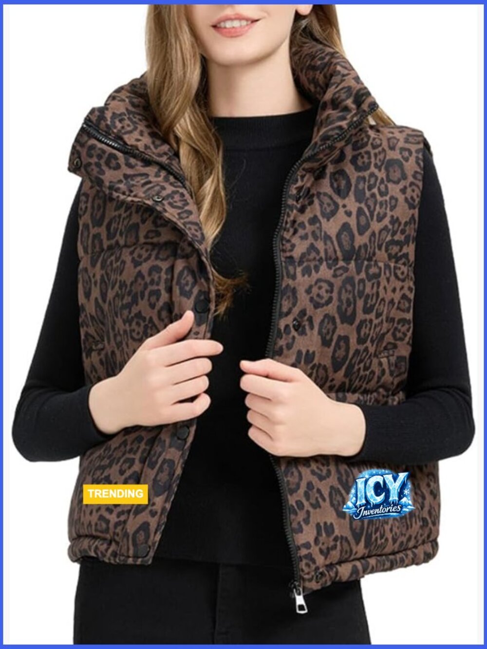 Leopard Print Puffer Vest Sleeveless Quilted Jacket with Pockets